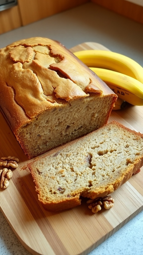 A loaf of banana bread sliced to show its moist texture, with bananas and walnuts on a cutting board.
